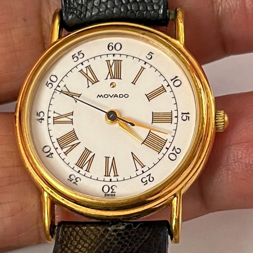 Vintage Movado Watch - Gold Tone with Roman Numerals and Black Leather Strap